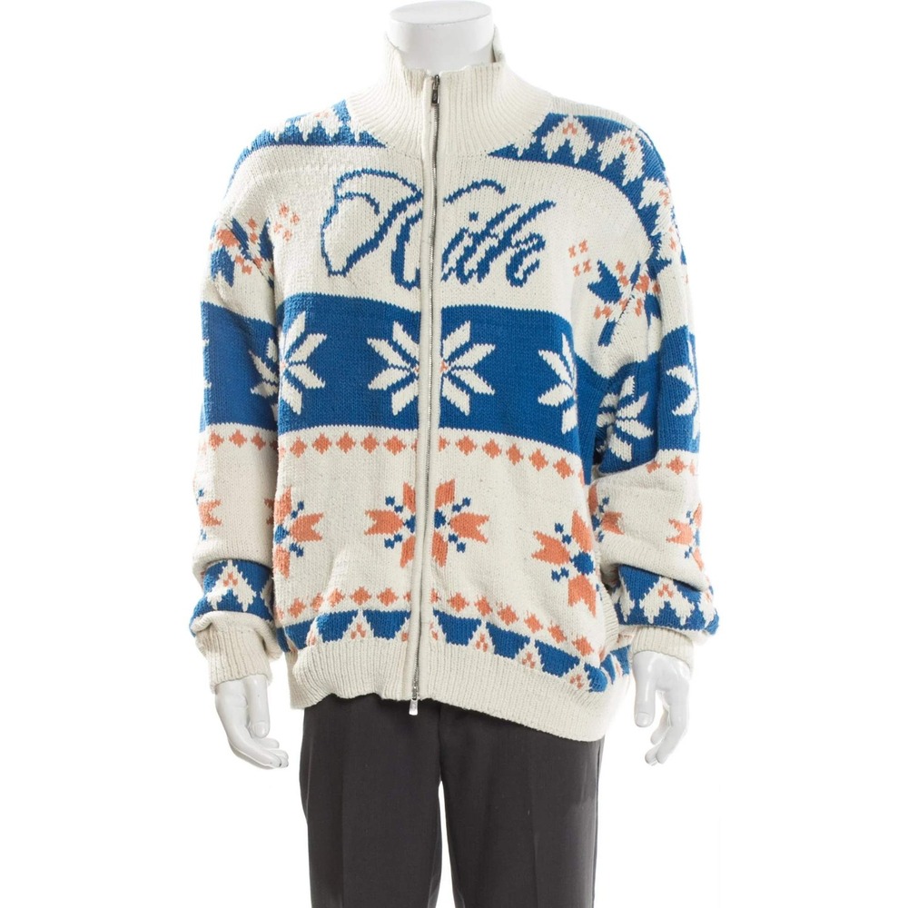 Kith Mens XL Snowflake Intarsia Full Zip Knit Cardigan Sweater Cream Blue Orange